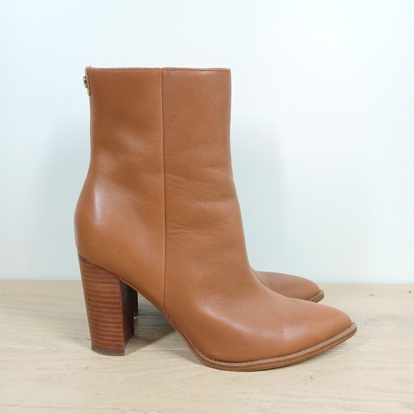 Nine West Boots Women 9.5 Tan Leather Block Heel Ankle Minimal Classic Basic - Picture 6 of 12